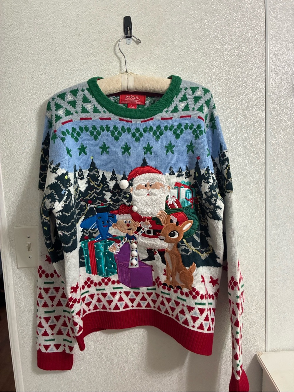 Rudolph Santa & Reindeer, misfits Knit Sweater - Red, Green, Blue XL